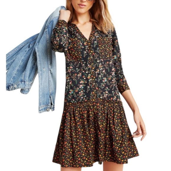 Anthropologie Maeve Marlie Button‎ Up Tunic Dress Black Mixed Floral Print Sz 12 - Picture 1 of 14